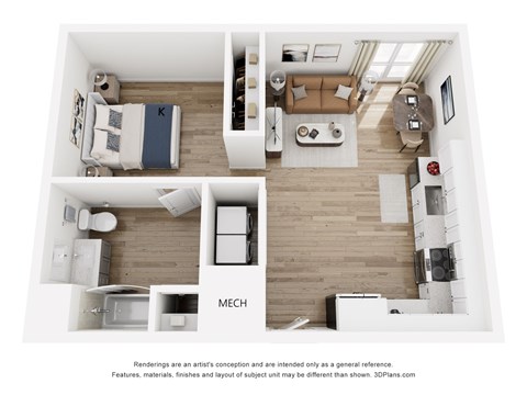 Floor plan for studio, 1 bath, 622 sqft